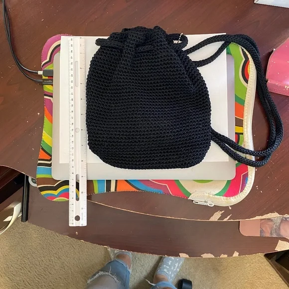 The Sak Black Crochet Knit Backpack Boho Drawstring Slouchy Bag The Sak Black Crochet Craze Backpack Drawstring Bucket Purse  main image 2
